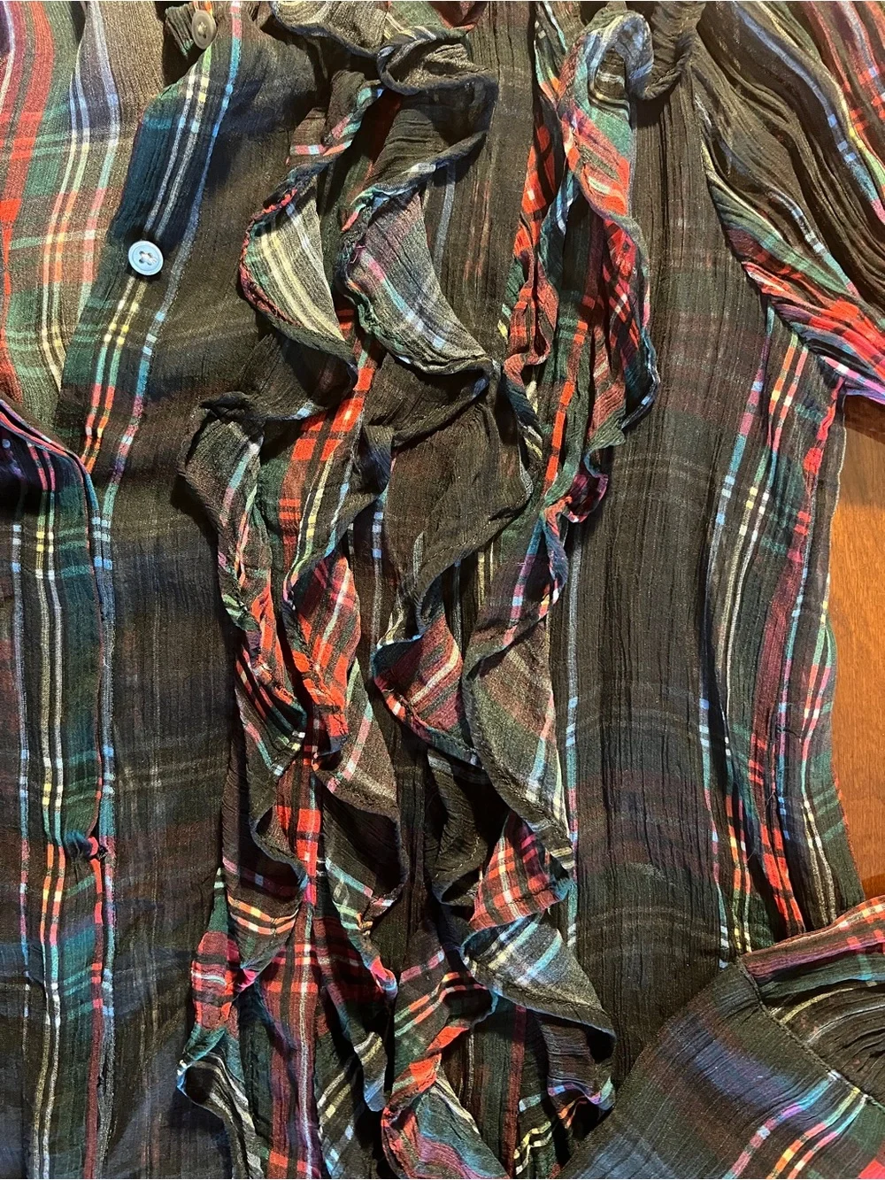 J.Crew Tartan Crinkle Cupro Ruffle Front Top Blouse Sheer Holiday Plaid Size 0